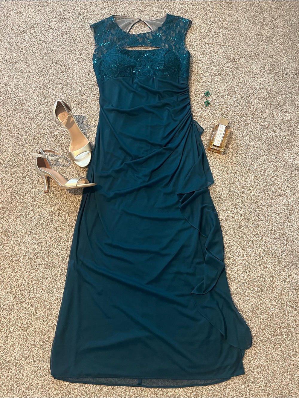 R&M Richards Teal Lace Bodice Maxi Gown